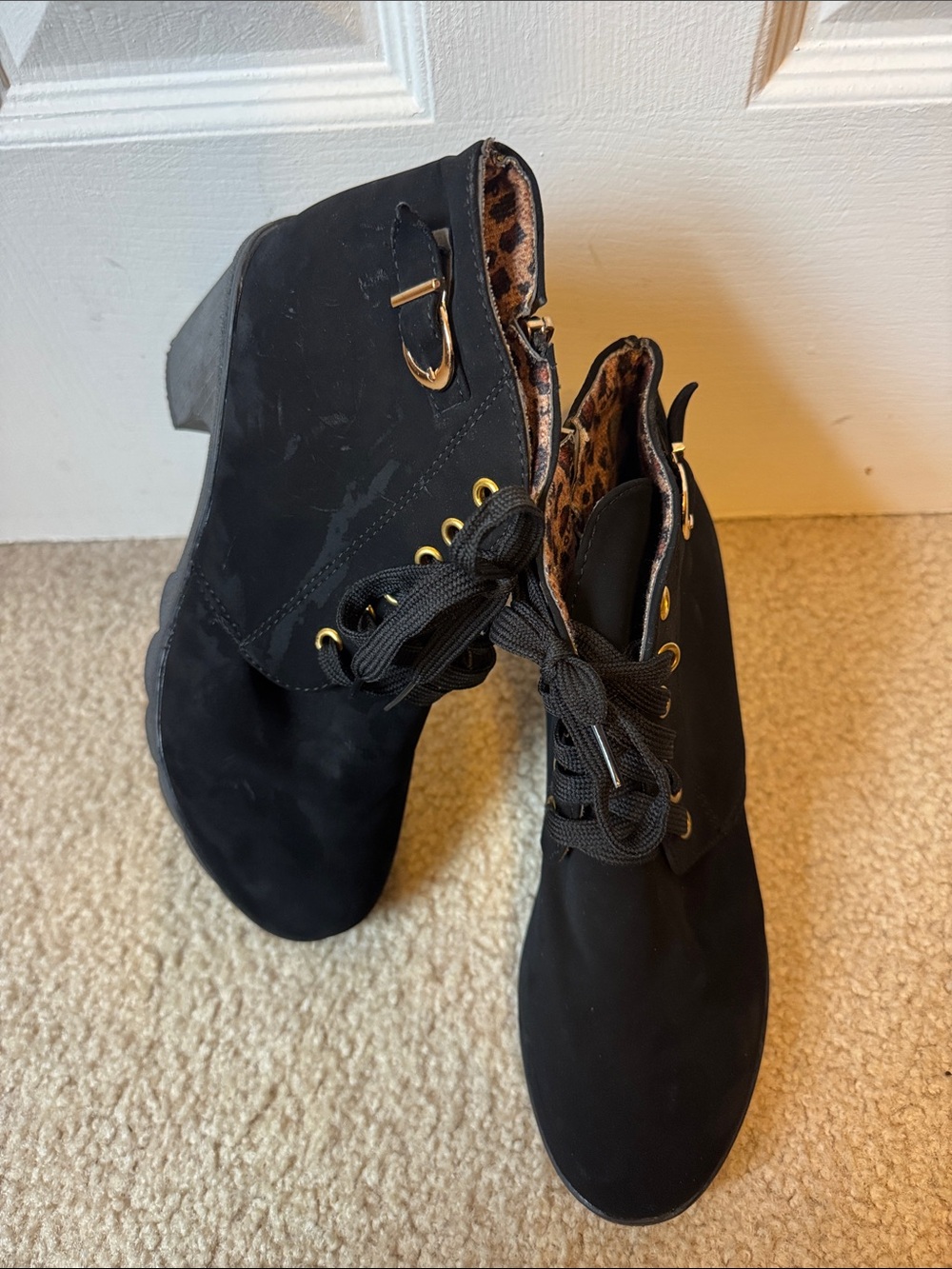 Black Lace-Up Ankle Booties with Leopard Trim